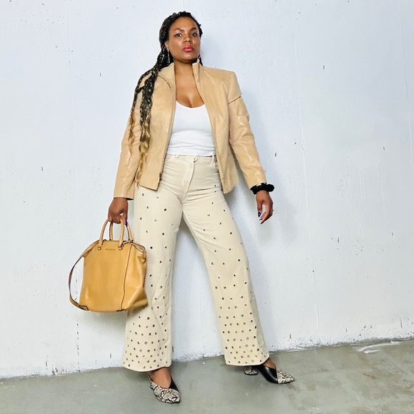 Zara Pants - Zara Cream Wide Leg Pants with Studded Detail, 6